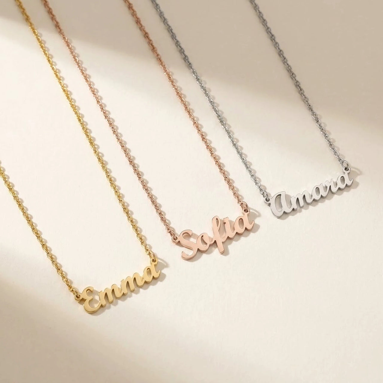 Minimalist Name Necklace in three finishes, gold, rose gold and silver, side by side | SKU: minimalistnn-gold,minimalistnn-rosegold,minimalistnn-silver