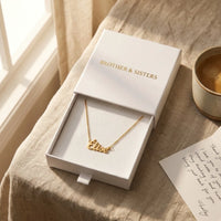 Thumbnail for Minimalist Name Necklace in its Brother & Sisters gift box with a handwritten card, the name Elise | SKU: minimalistnn-gold