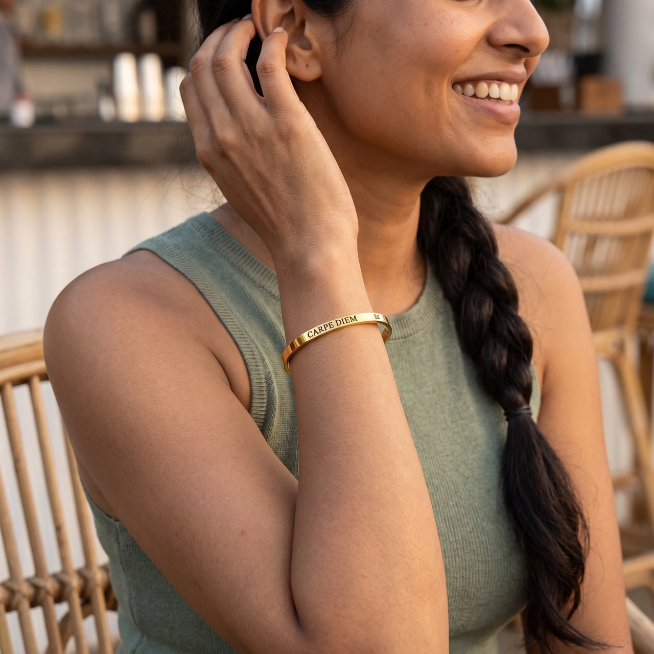 Carpe diem bracelet — worn, everyday gesture, gold | SKU: cp-g