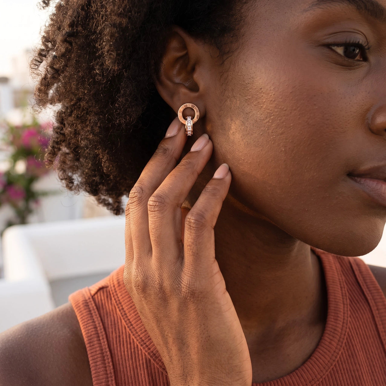 Double hoop earrings — worn, everyday gesture, rose gold | SKU: 11137578-rose-gold