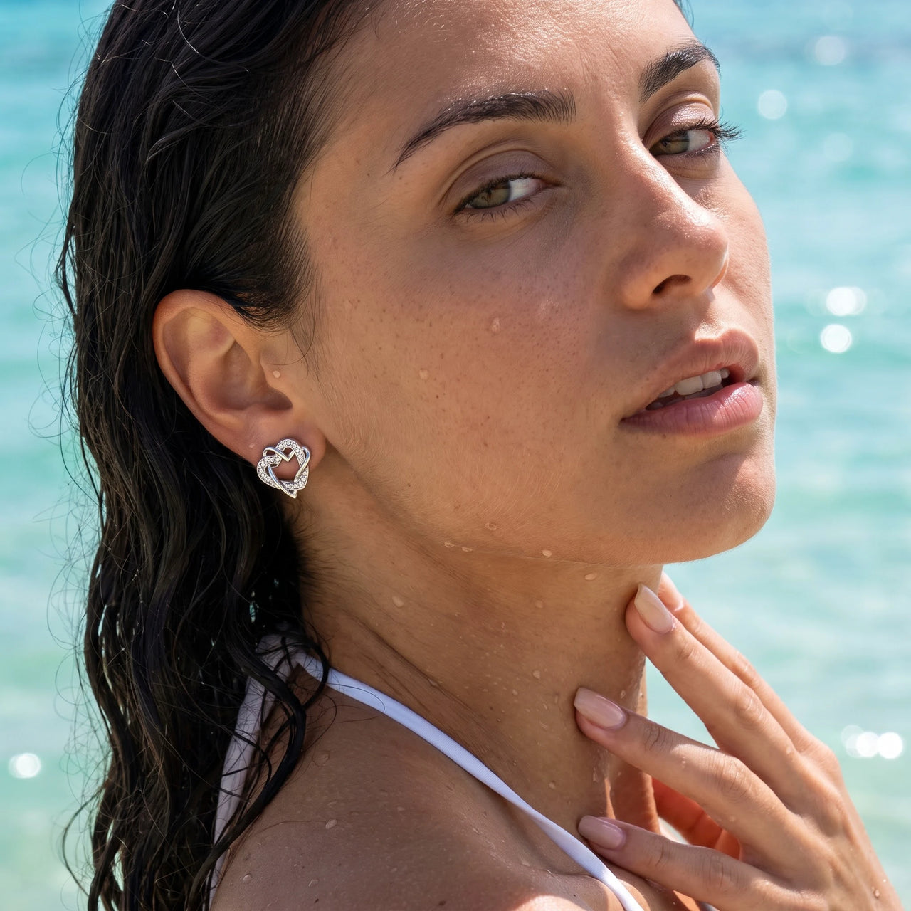 Heart stud earrings — worn in the water, waterproof, silver | SKU: 4478648-platinum-plated-clear