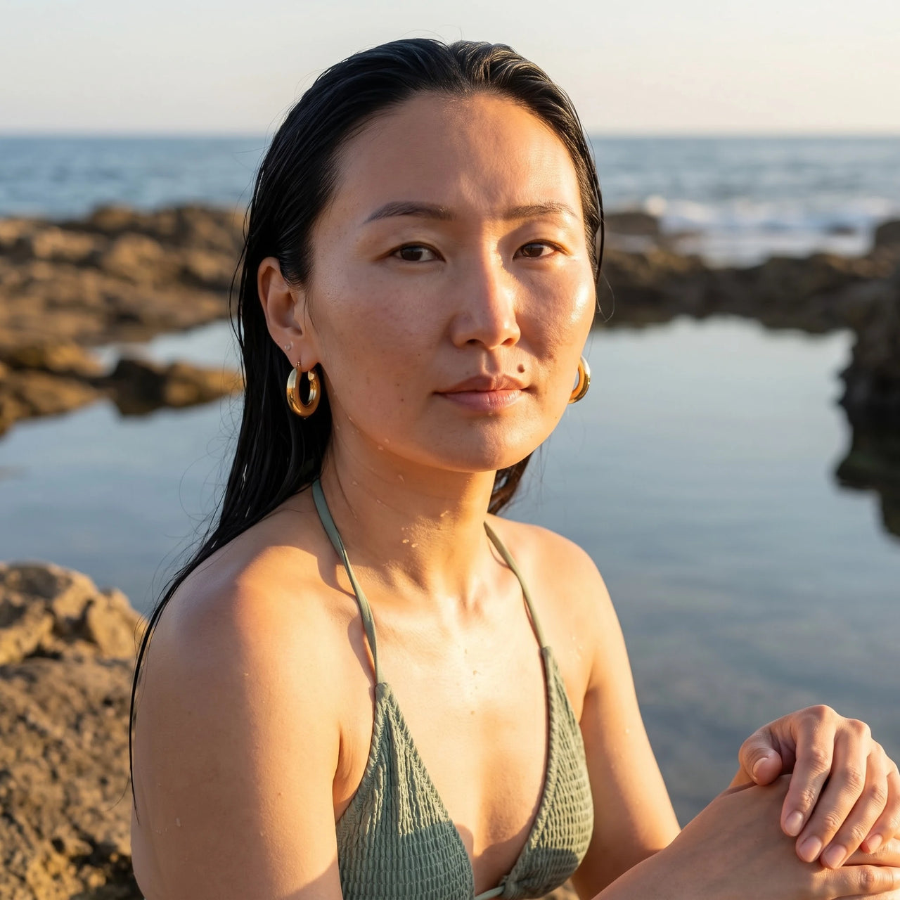 Chunky gold hoops — worn in the water, waterproof, gold | SKU: lesbrillantes