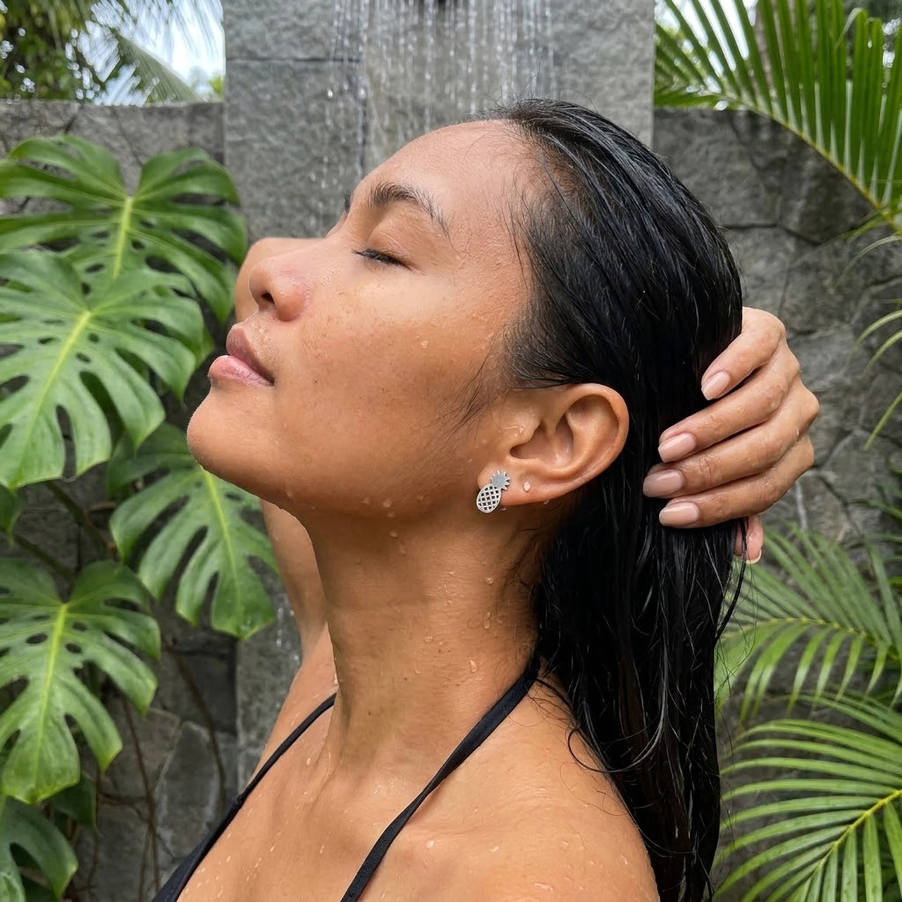 Pineapple earrings — worn in the shower, waterproof, silver | SKU: 437186-silver-plated