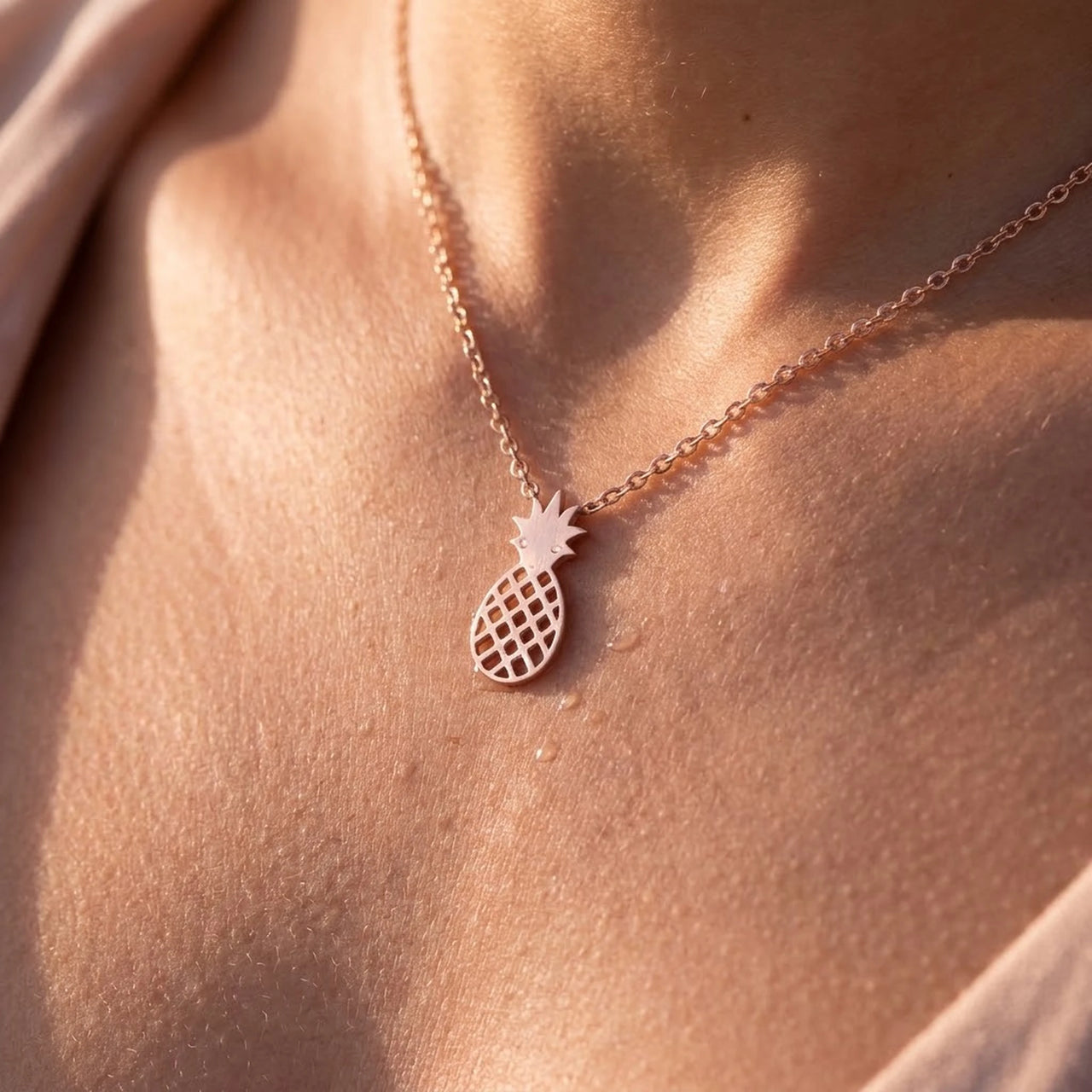 Close-up of the rose gold necklace worn on the skin | SKU: 8050907-rose-gold