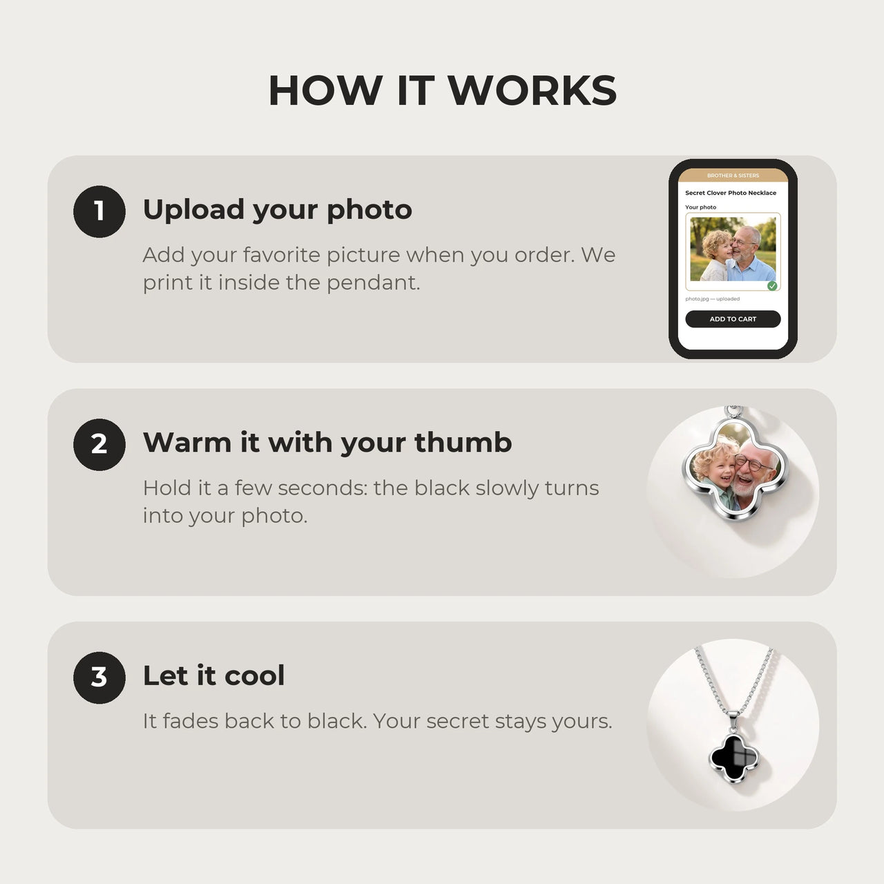 How it works: upload your photo, warm the clover pendant with your thumb, let it cool back to black | SKU: TPH-CLVN-SILVER