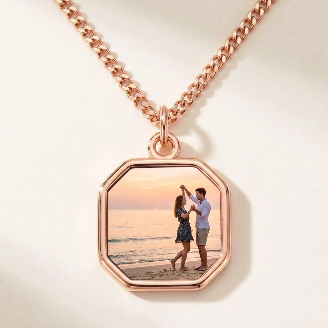 Secret Octagon Photo Necklace in rose gold, black octagon pendant turning into a hidden photo when warmed | SKU: TPH-OCTN-ROSEGOLD