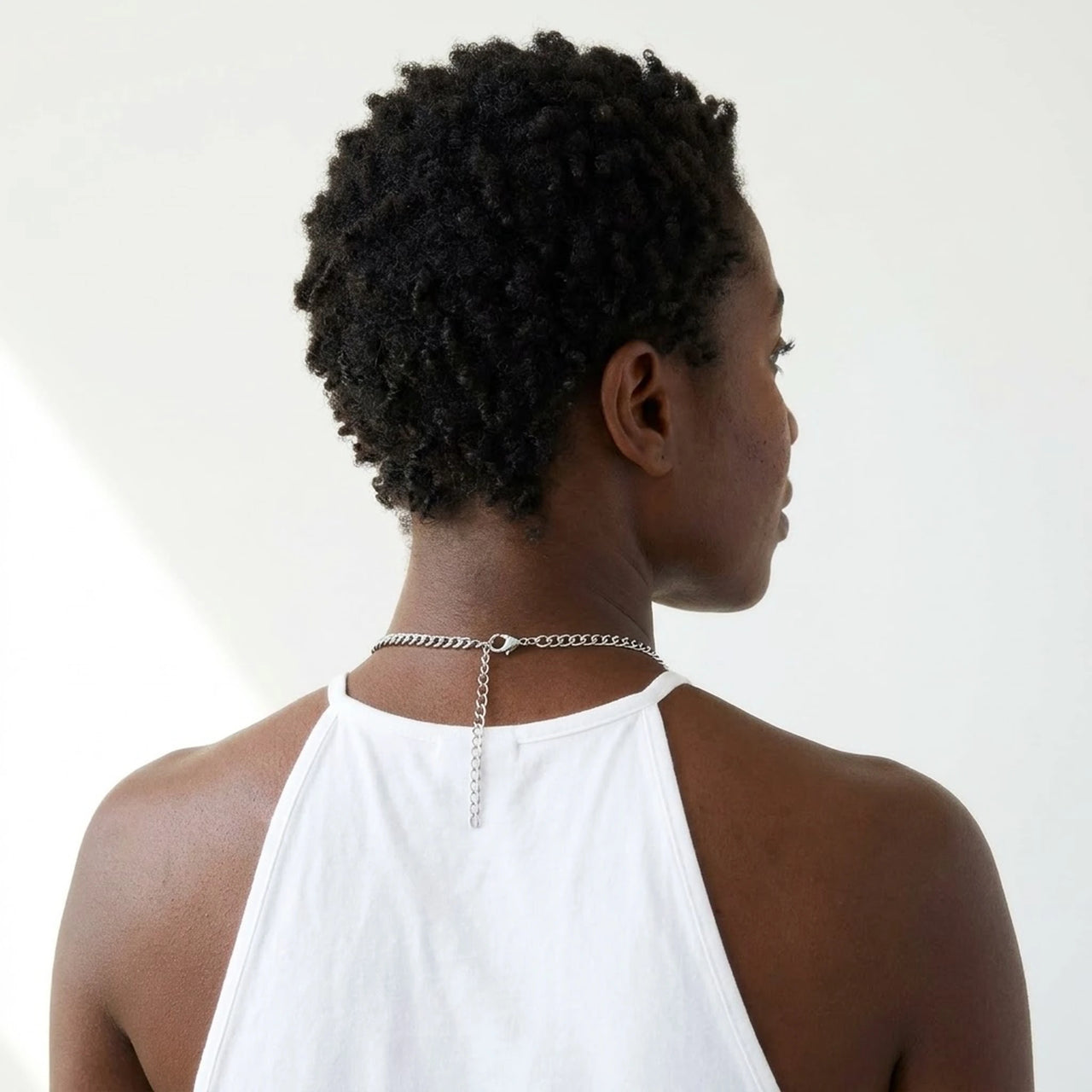 Back of the neck showing the lobster clasp and extension chain of the silver photo necklace | SKU: TPH-OVLN-SILVER