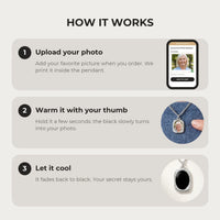 Thumbnail for How it works: upload your photo, warm the pendant with your thumb, let it cool back to black | SKU: TPH-OVLN-SILVER