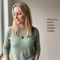 Thumbnail for Woman wearing the black gold round pendant, only she knows the photo inside | SKU: TPH-RNDN-GOLD
