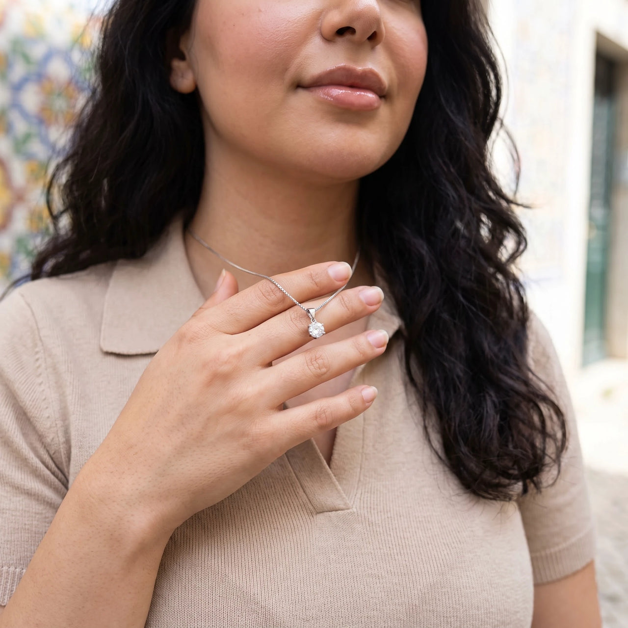 Solitaire necklace — worn, everyday gesture, silver | SKU: 505665