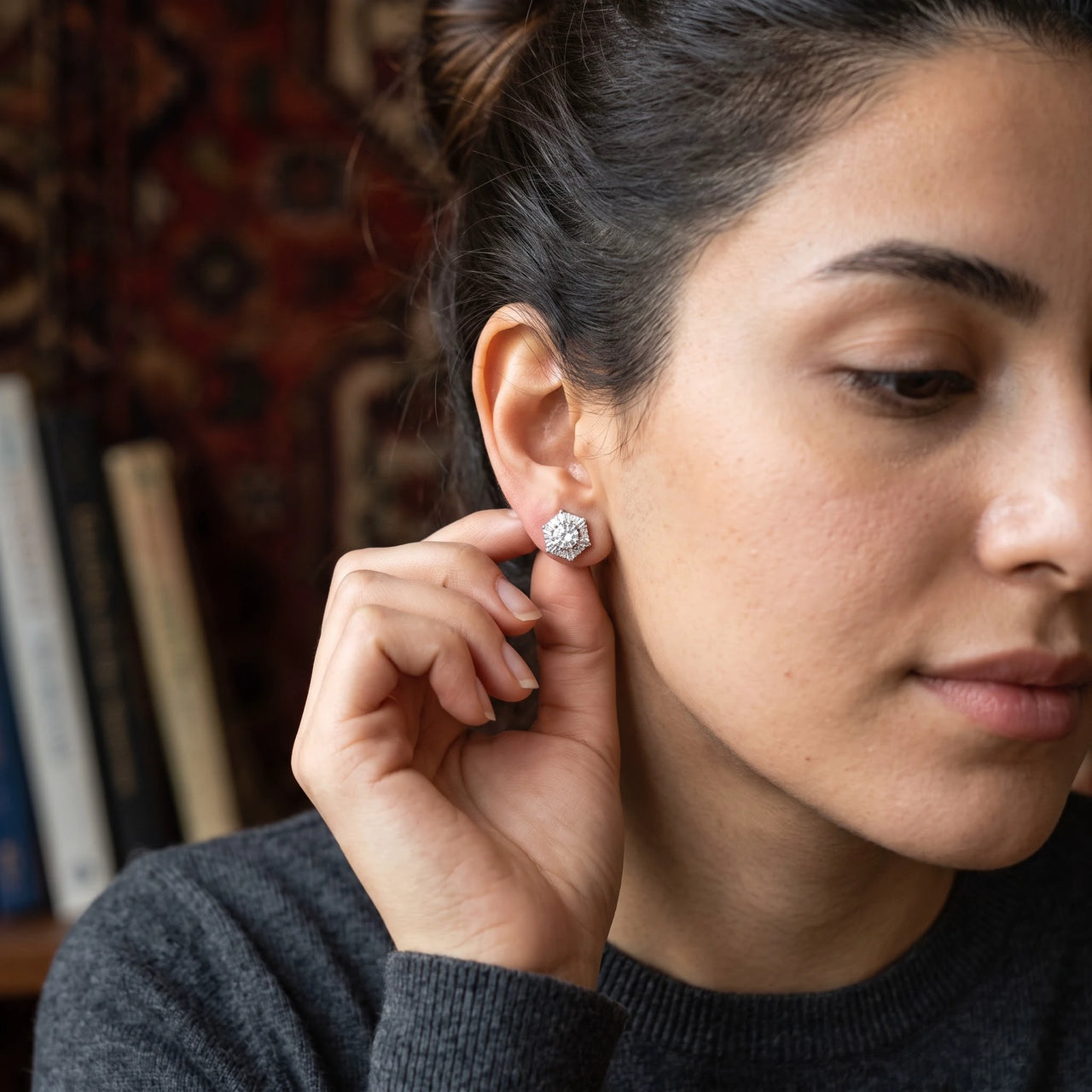 Starburst earrings — worn, everyday gesture, silver | SKU: 30876249