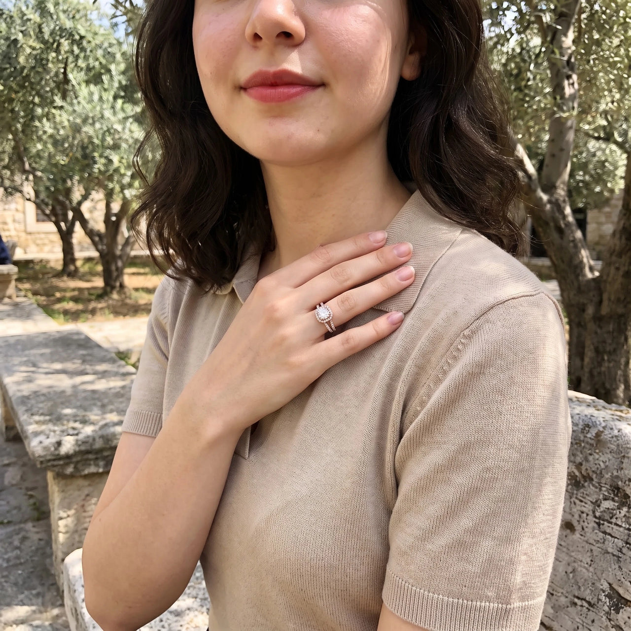 Rose gold engagement ring — worn, everyday gesture, rose gold | SKU: 346060-4.5-rose-gold