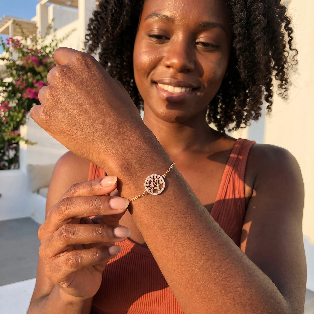Tree of life bracelet — worn, everyday gesture, gold | SKU: 18963309-gold